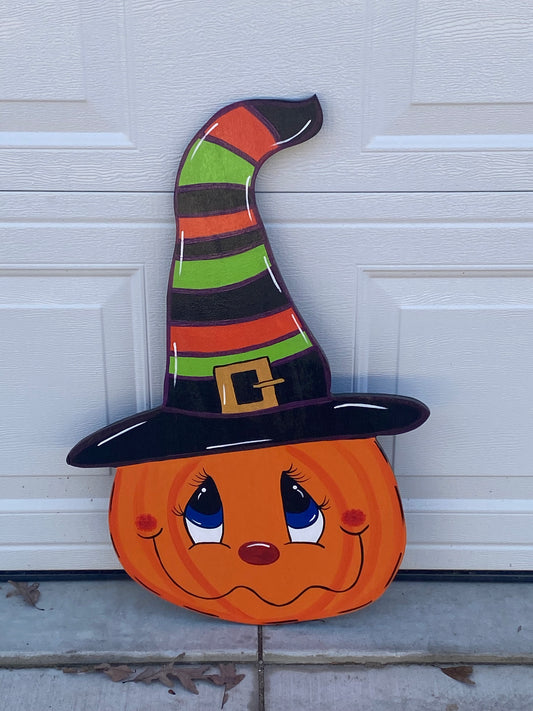 Halloween Pumpkin with Striped Witch Hat Wood Outdoor Yard Art Sign, Halloween Outdoor Decorations