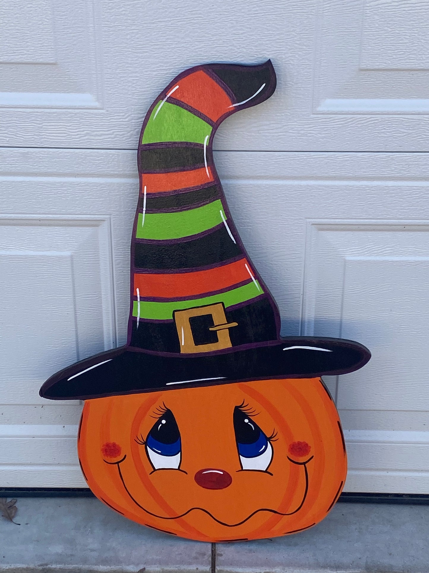 Halloween Pumpkin with Striped Witch Hat Wood Outdoor Yard Art Sign, Halloween Outdoor Decorations