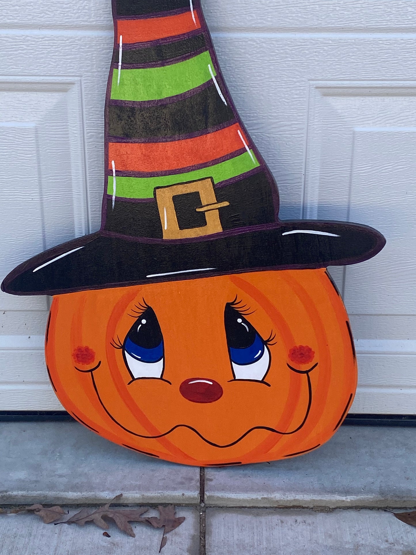 Halloween Pumpkin with Striped Witch Hat Wood Outdoor Yard Art Sign, Halloween Outdoor Decorations