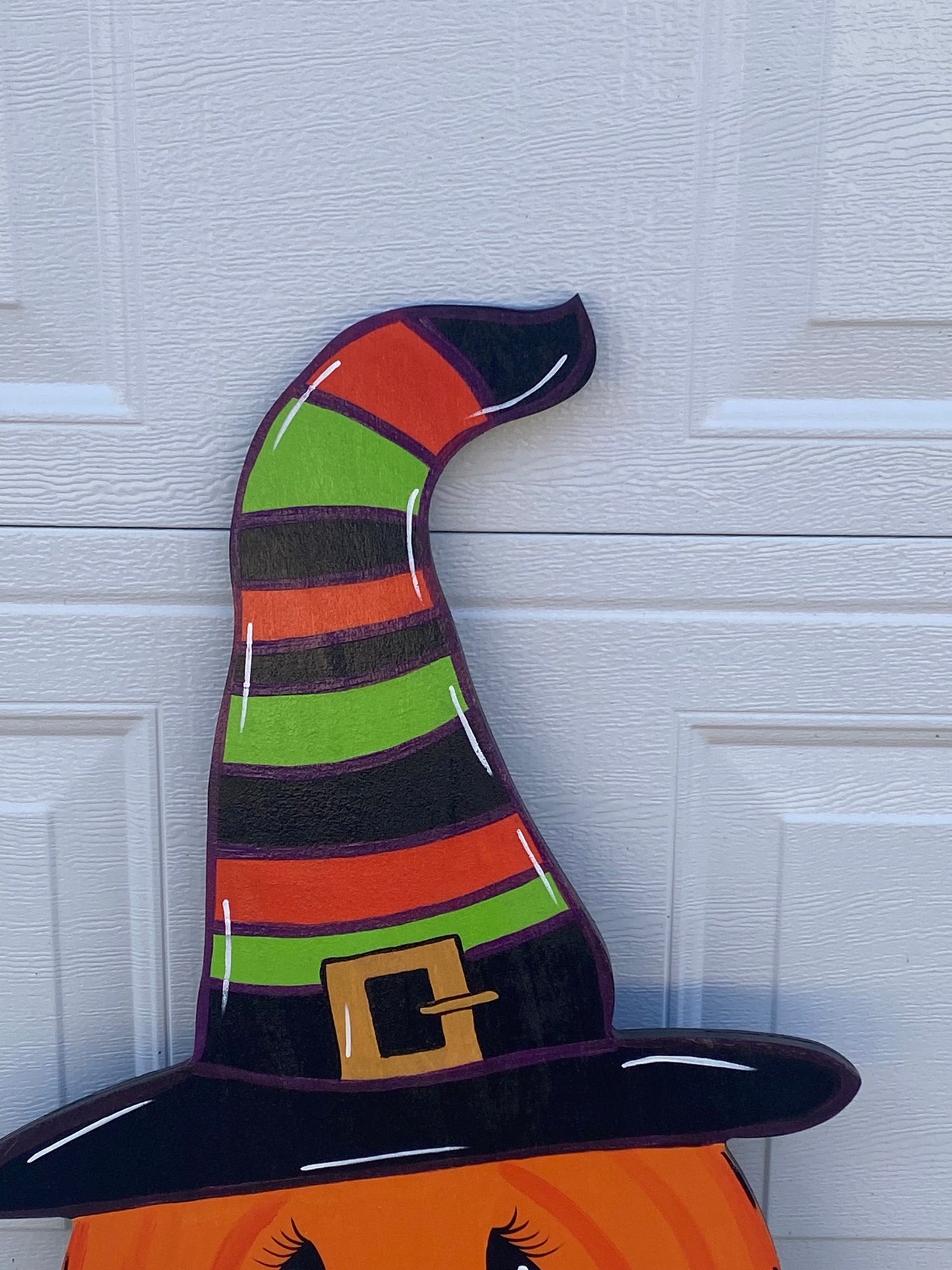 Halloween Pumpkin with Striped Witch Hat Wood Outdoor Yard Art Sign, Halloween Outdoor Decorations