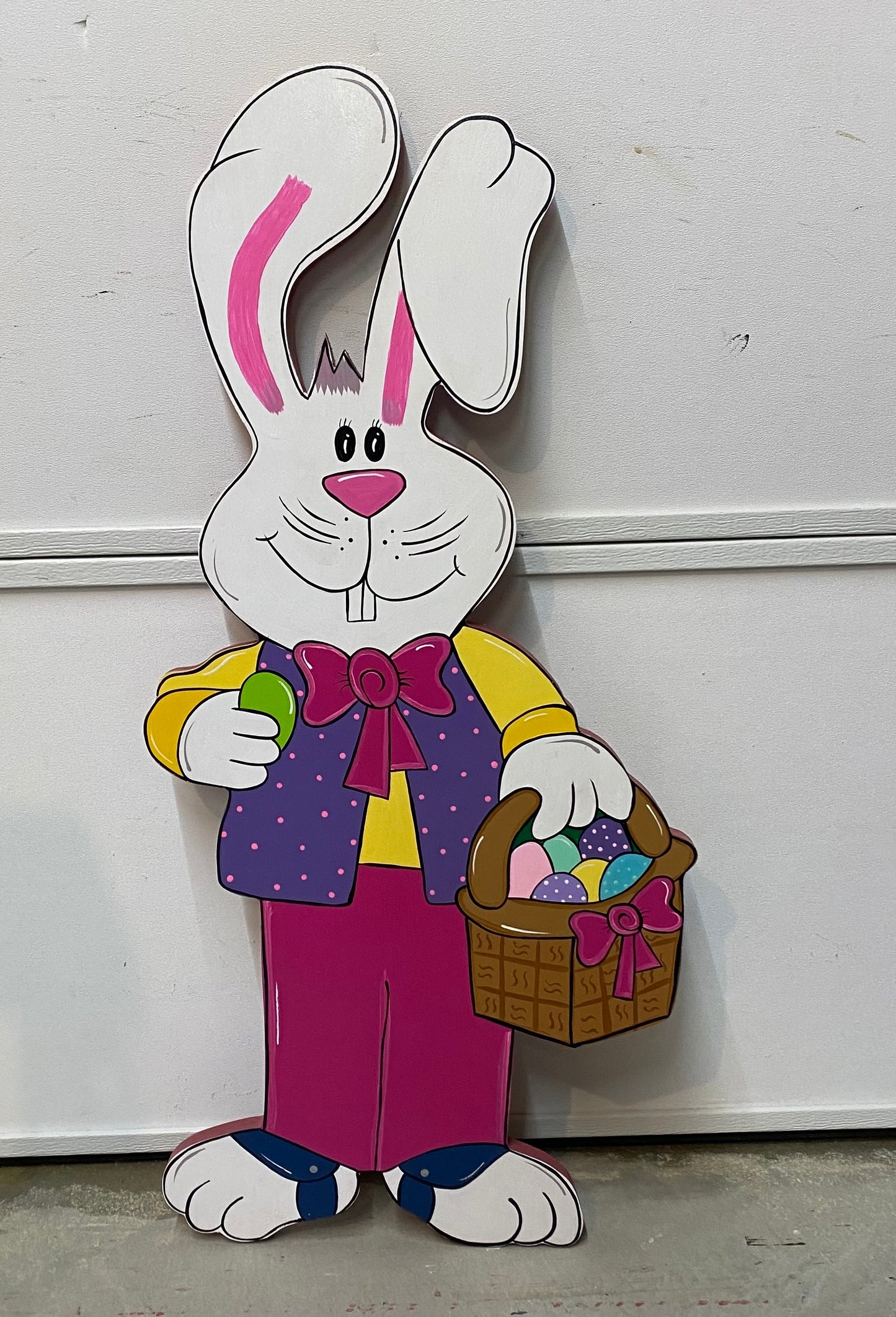 Happy Easter Bunny holding Easter Basket Wood Outdoor Yard Art Sign, Easter Outdoor Decorations, Easter Eggs