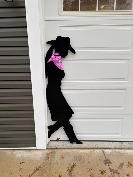 LEANING COWGIRL SILHOUETTE/SHADOW WOOD OUTDOOR YARD & LAWN SIGN, YARD ART