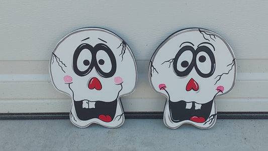 Halloween Skull Skeleton Wood Outdoor Yard Art Sign, Scary Cute Skeleton Lawn Decorations, Garden Stake, Plant Pokes, Set of 2