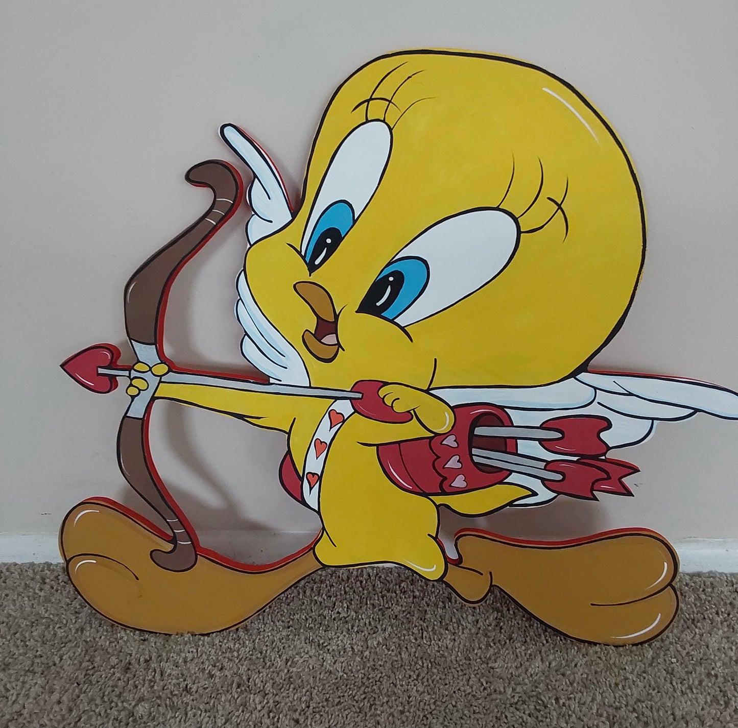 VALENTINE’S DAY TWEET BIRD YELLOW BIRDIE CUPID SILHOUETTES WOOD OUTDOOR YARD ART SIGN, VALENTINE HEART DECOR