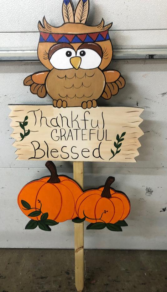 OWL THANKSGIVING OUTDOOR WOOD YARD ART SIGN, THANKFUL, GRATEFUL, BLESSED, THANKSGIVING OUTDOOR DECORATION