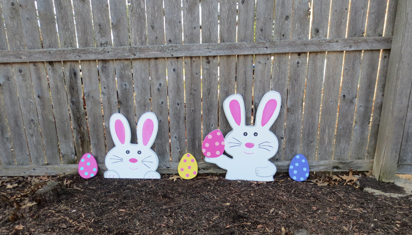 EASTER BUNNIES POPPING UP WITH EGGS WOOD OUTDOOR YARD ART SIGN, 5 PIECE SET