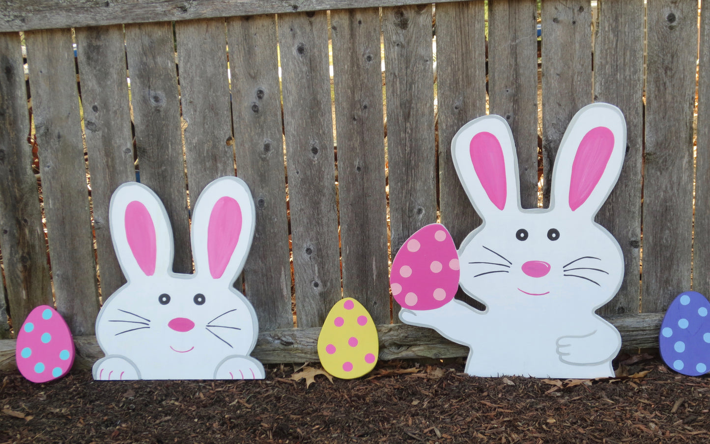 EASTER BUNNIES POPPING UP WITH EGGS WOOD OUTDOOR YARD ART SIGN, 5 PIECE SET