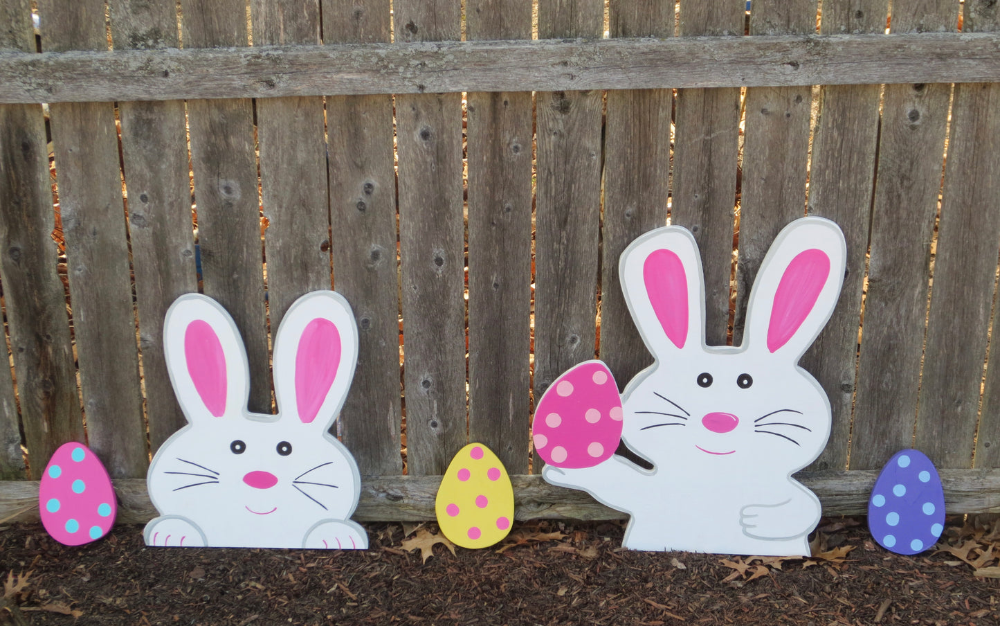EASTER BUNNIES POPPING UP WITH EGGS WOOD OUTDOOR YARD ART SIGN, 5 PIECE SET