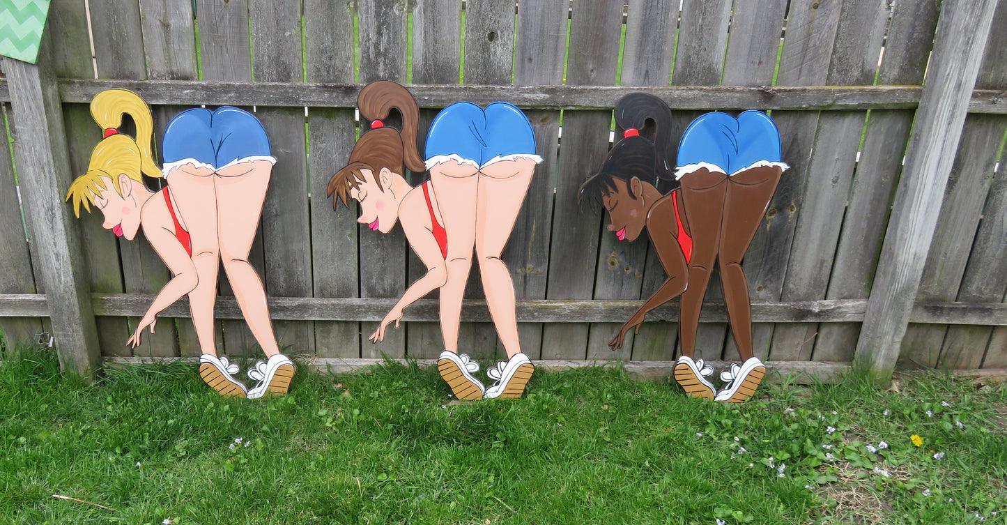 WOMAN BENDING OVER GARDENING, WOOD OUTDOOR YARD ART SIGN, GARDEN DECORATION